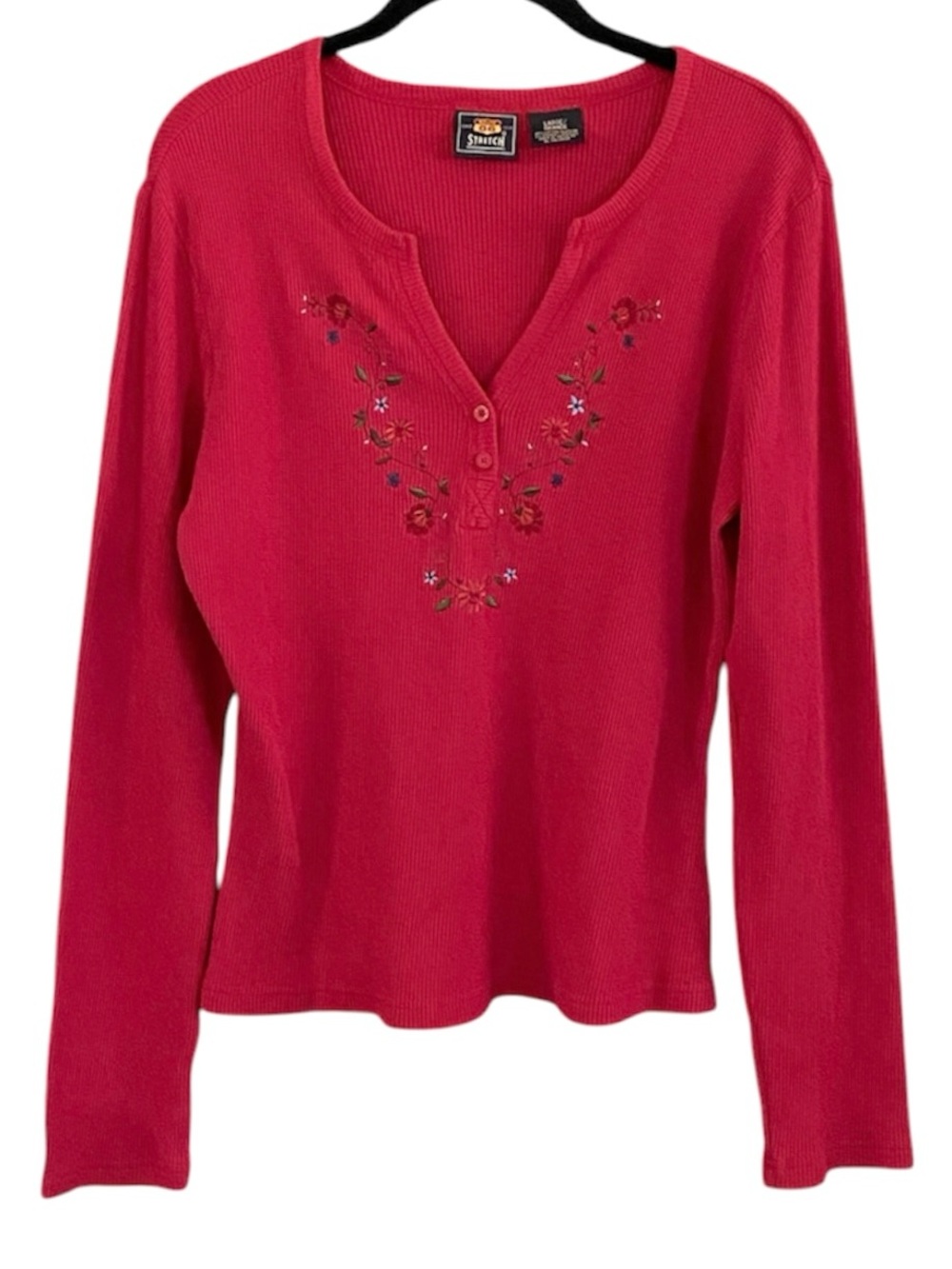Y2K Red Floral Embroidered Henley Thermal Shirt L Long Sleeve Fairy Grunge Boho - Picture 1 of 9